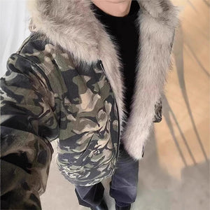 Stay Stylish and Warm with the Retro Washed Camouflage Fur Collar Hood Jacket