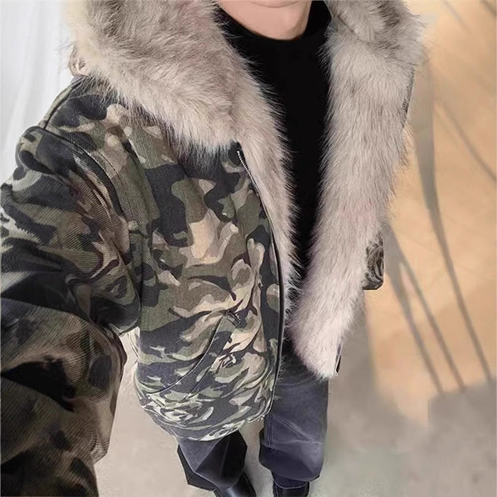 Stay Stylish and Warm with the Retro Washed Camouflage Fur Collar Hood Jacket